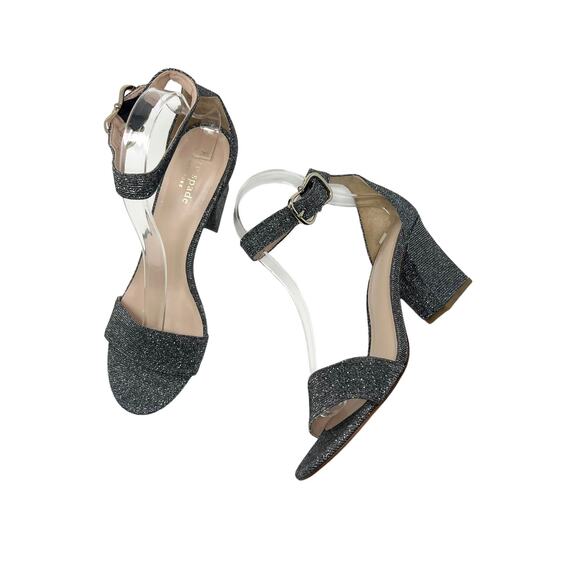 NWOB Kate Spade Smoke Silver Glitter Strap Block Heels Size 7 - Picture 2 of 9